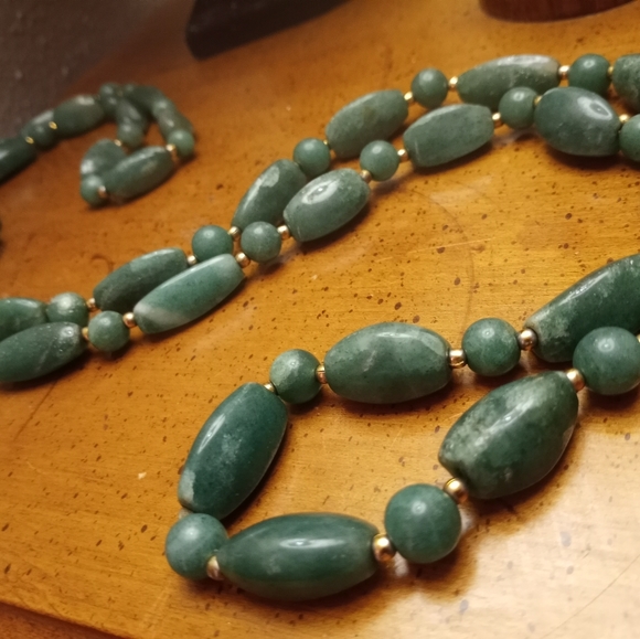 Carved Jade and Gold Clamp Bead Extra Long Vintage Necklace - Picture 2 of 11